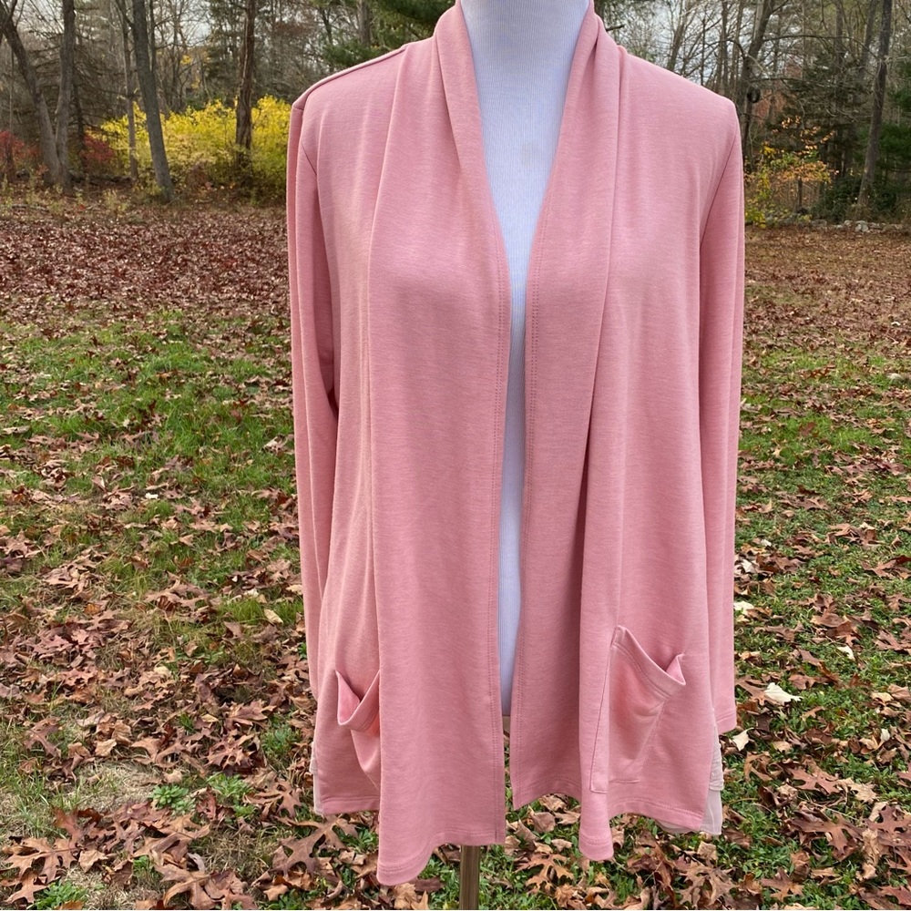LOGO LOUNGE LORI GOLDSTEIN CARDIGAN SWEATER PINK FABRIC TAN SHEER ACCENT SIZE M